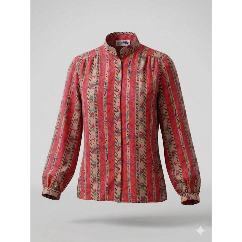 VTG 70s 80s Young Traditions Shirt 12 Boho Floral Striped Mandarin Collar Blouse